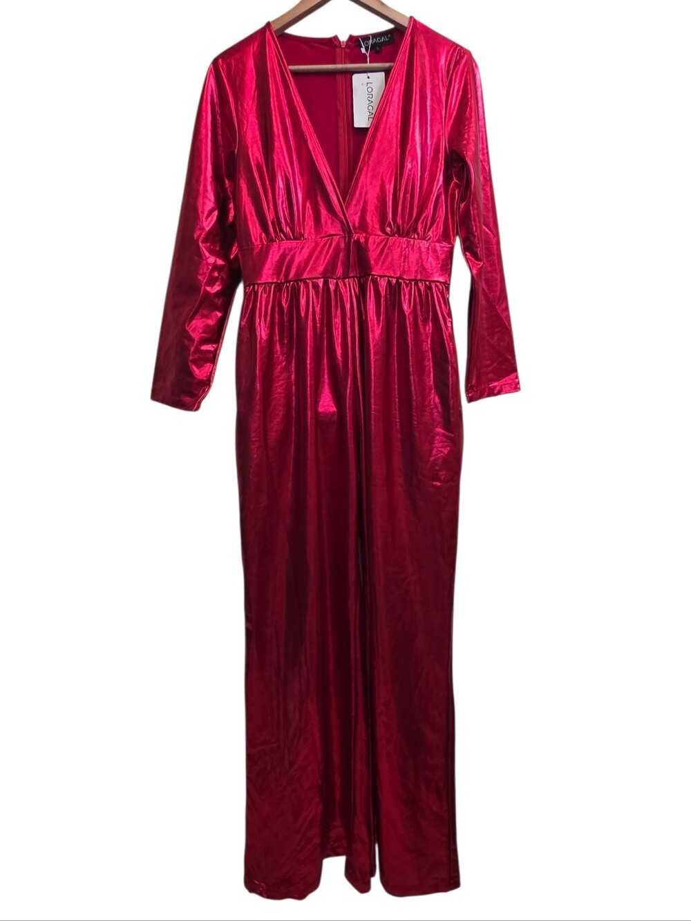 Loragal NWT Party Reflective Red V-Neck WideLeg Jumpsuit Vinyl-like Texture Sz L